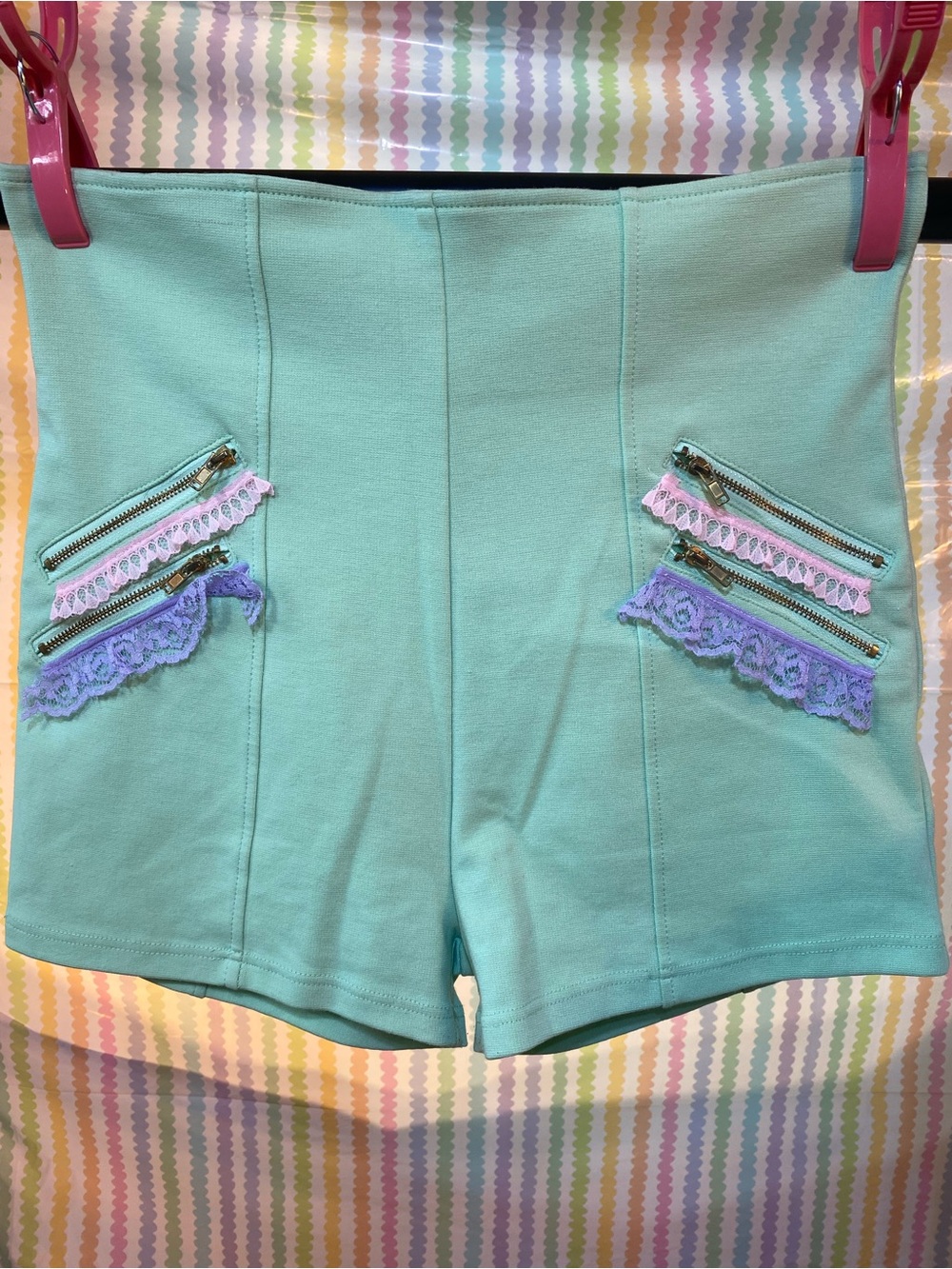 Connection 18 Mint Green High-Waist Ladies Shorts with Pink & Lavender Lace Trim
